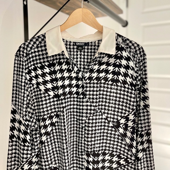 SALE! DKNY Shirt-Dress Black & White Houndstooth Pattern, Silk: Size L - Picture 4 of 10